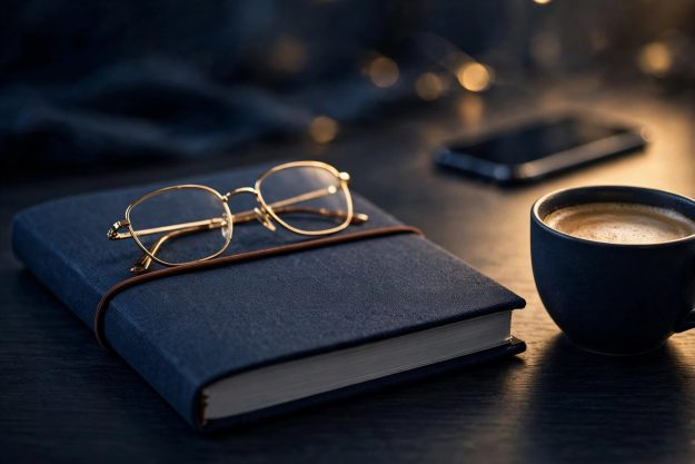 Notebook with reading glasses and coffee on a desk, smartphone pushed aside