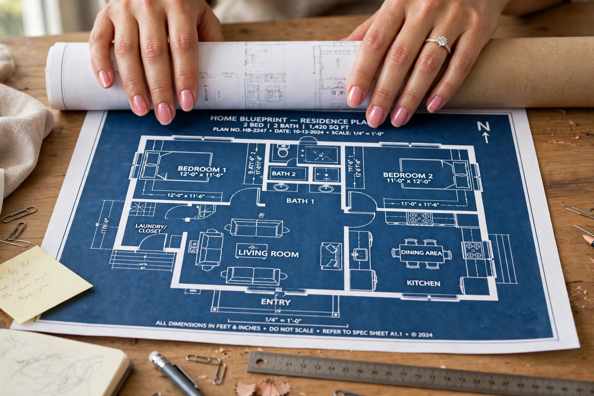 Woman's hands unrolling a blue home blueprint on a wooden desk