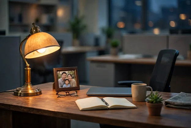 Empty office desk at the end of the workday with a closed laptop, open notebook, and framed photo of an Asian family