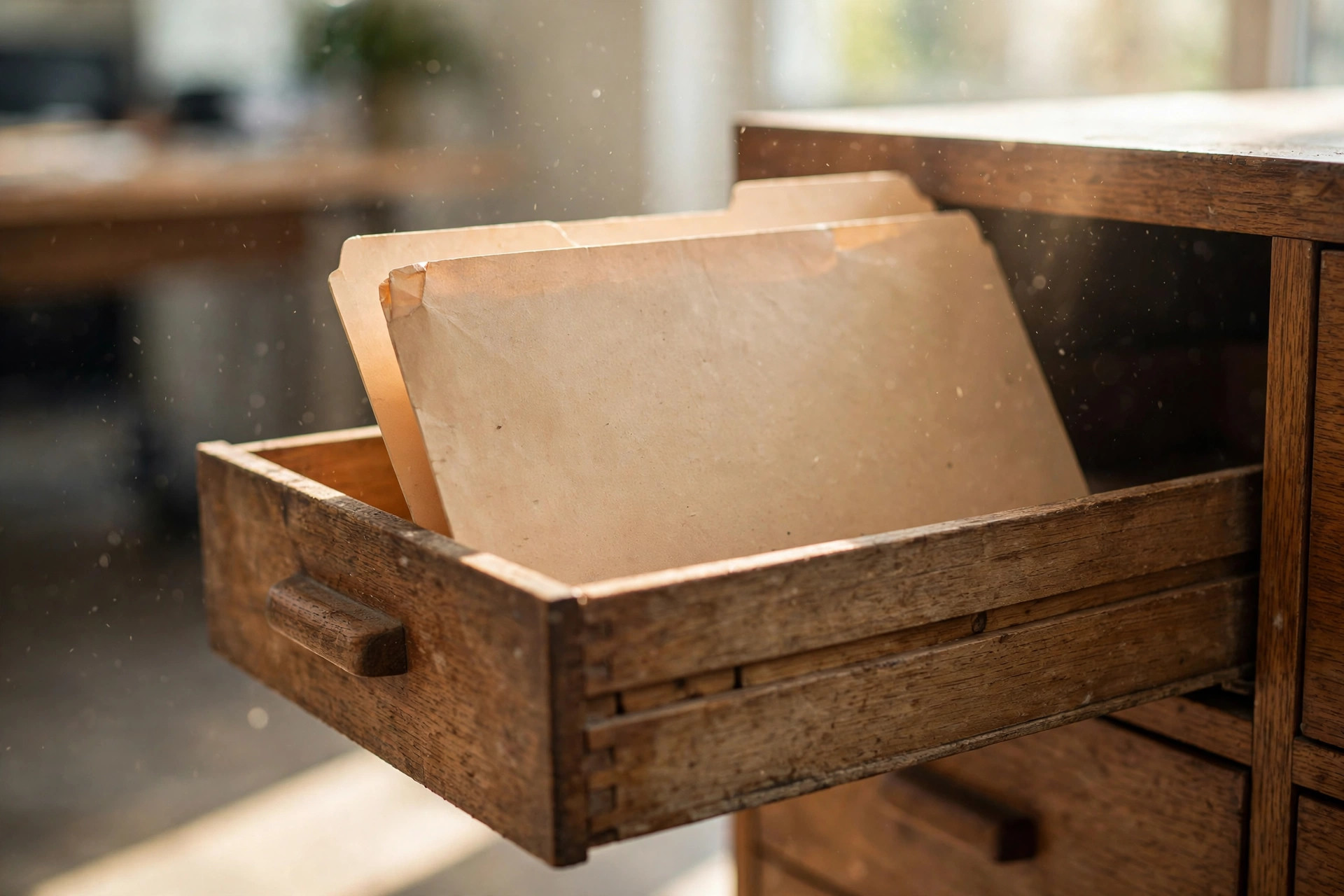 Dusty manila folder in an open wooden filing cabinet drawer